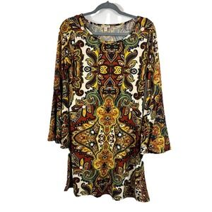 Haani Boho Festival Mini Dress S Paisley Kaleidoscope 70s Bell Sleeve Hippie